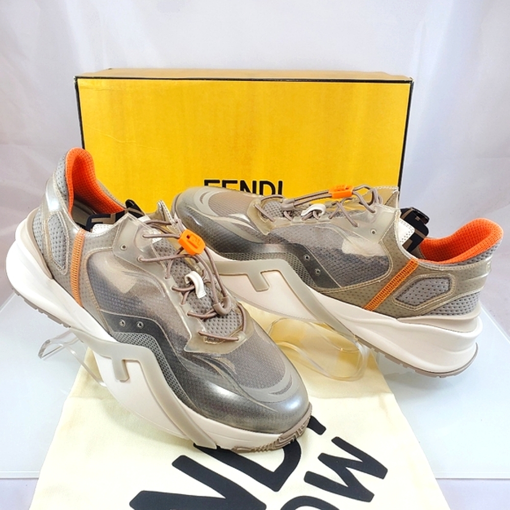 NWT$930 Fendi FLOW Beige Nylon Lowtop Leather Running Sneakers Sz US 12 Fendi 11 - Picture 13 of 16